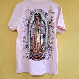 NWOT VIRGEN DE GUADALUPE T-SHIRT- XL Pink. Glitter graphic print chest s…